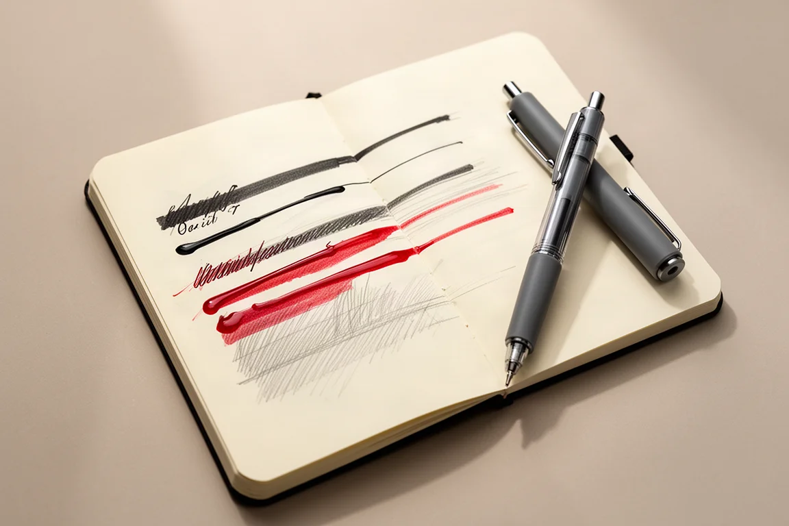 Stylo multifonction traçant des lignes d'encre noire lisses sur papier de carnet crème