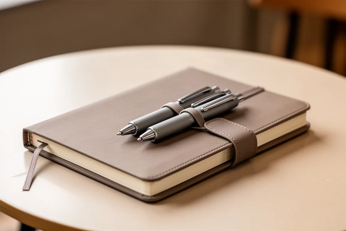 Stylo multifonction glissé dans l'élastique d'un agenda sur une table de café