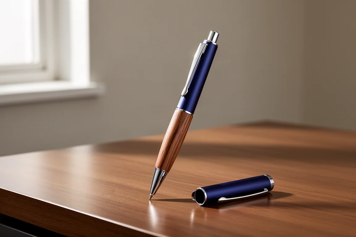 Custom navy aluminum and wood ballpoint pen on a wooden desk with cap and clip nearby