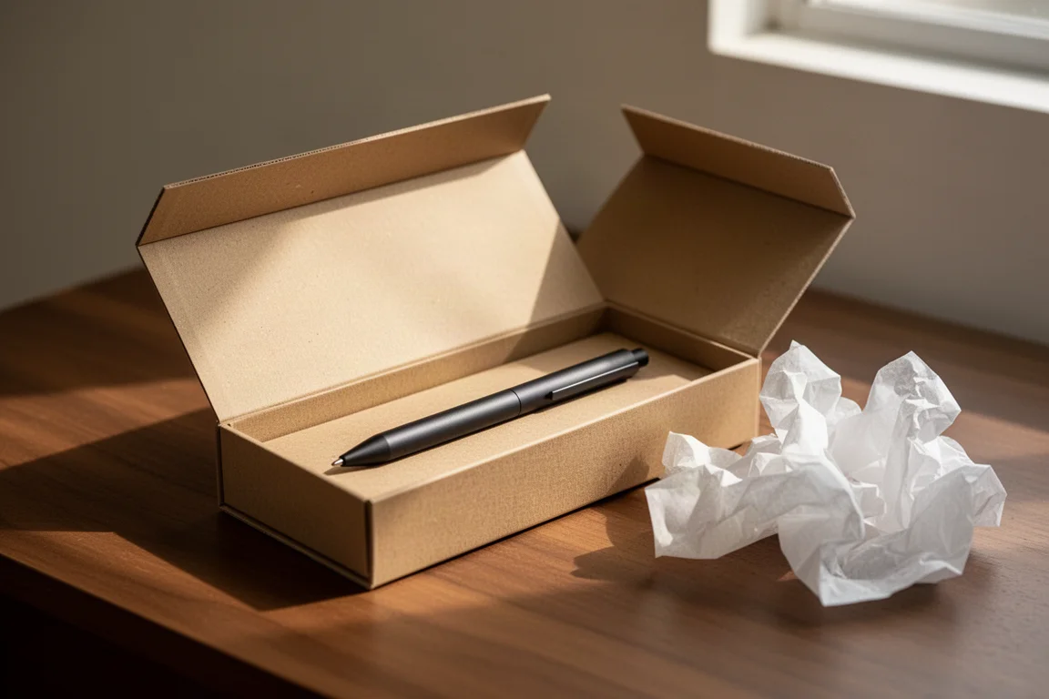 Bolígrafo delgado mate desempaquetado de una caja minimalista sobre un escritorio de madera