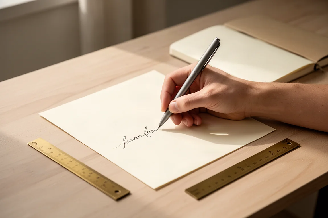Mano escribiendo con fluidez sobre papel crema con un bolígrafo delgado