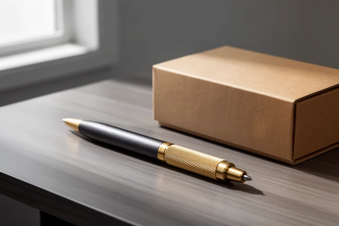 Penna a sfera sottile con finitura opaca e grip in ottone zigrinato su una scrivania di legno