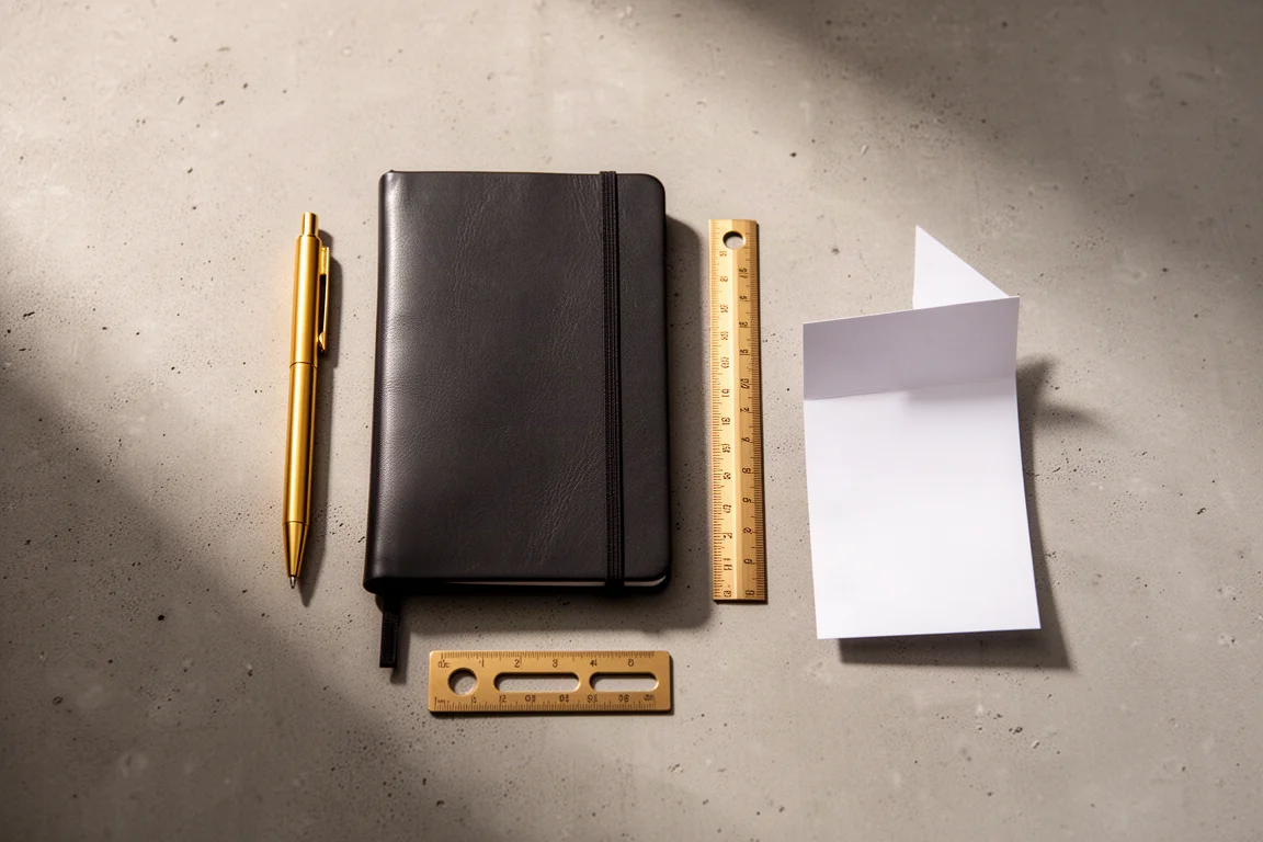 Composición plana de un bolígrafo premium, una libreta y accesorios de escritorio de latón