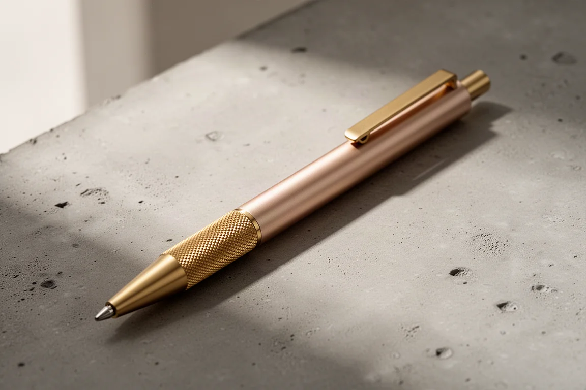 Premium gold aluminum and brass knock ballpoint pen on a concrete surface