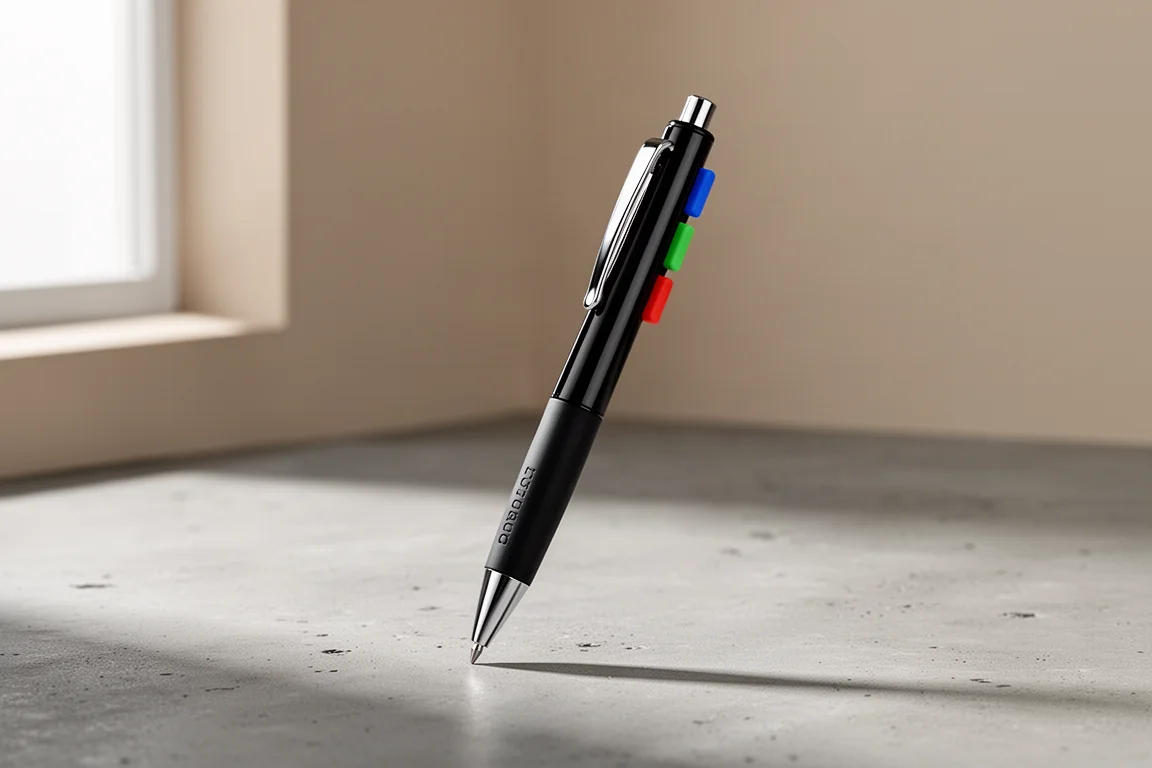Slim black three-color multi pen standing on a matte concrete surface