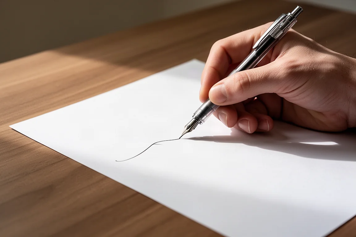 Manos escribiendo con fluidez con un bolígrafo de gel metálico sobre papel