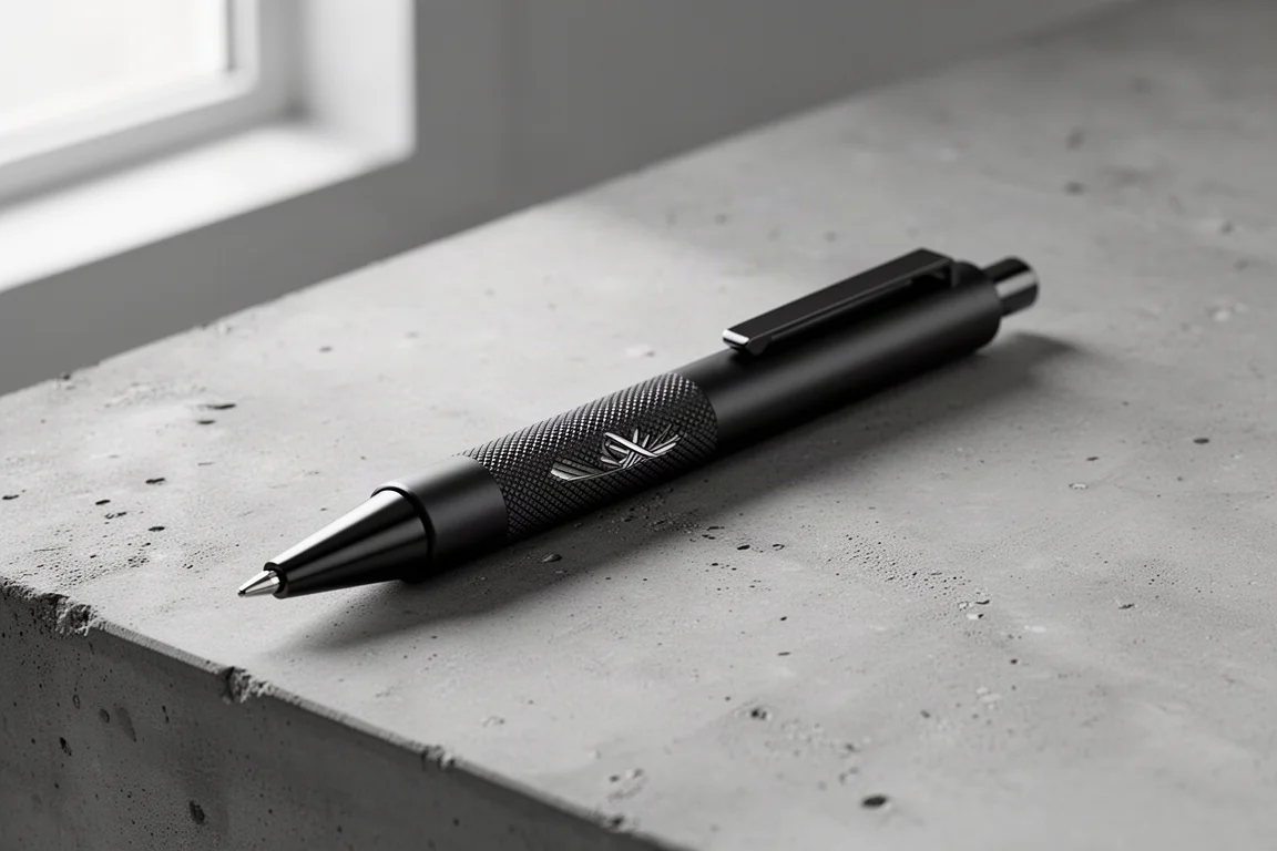Black metal mechanical pencil with engraved grip on a concrete surface