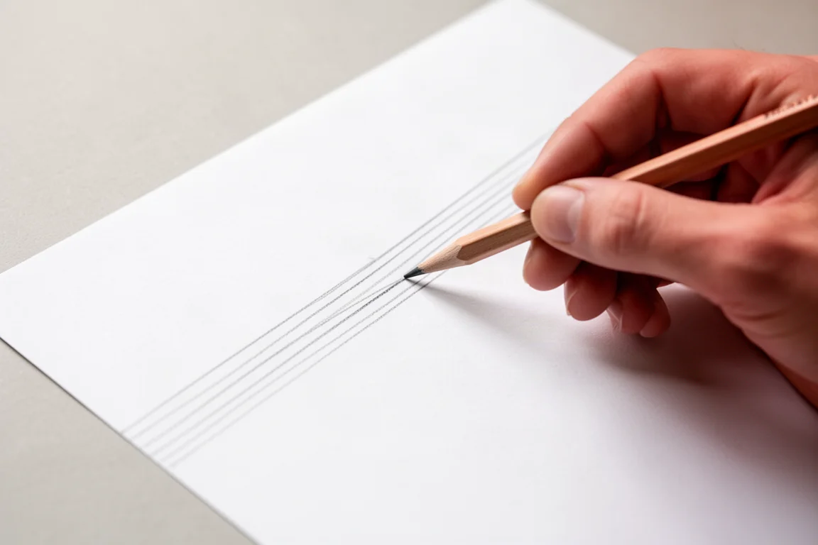 Hand schrijft fijne lijnen op papier met een vulpotlood