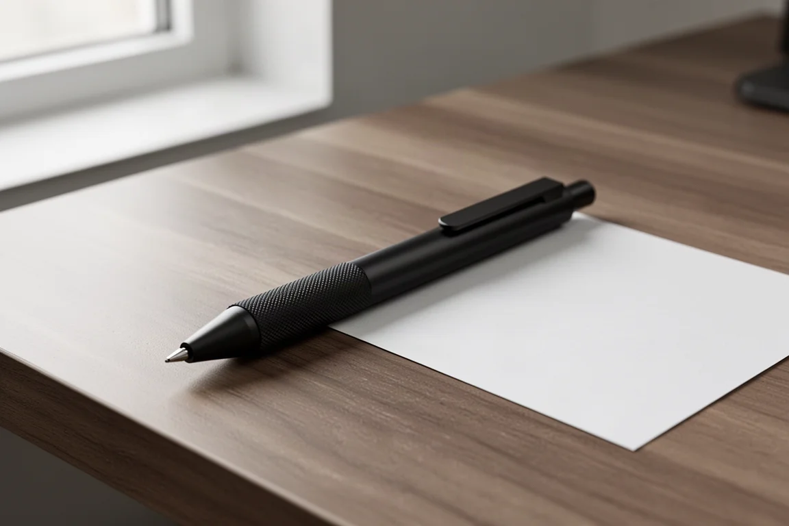 Matte black double-knock mechanical pencil on a brushed wood desk beside paper