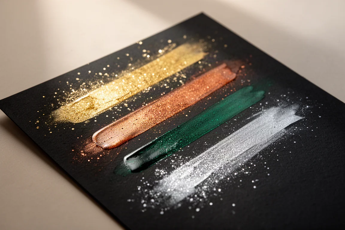 深黑色紙上閃亮的金屬色墨水試色