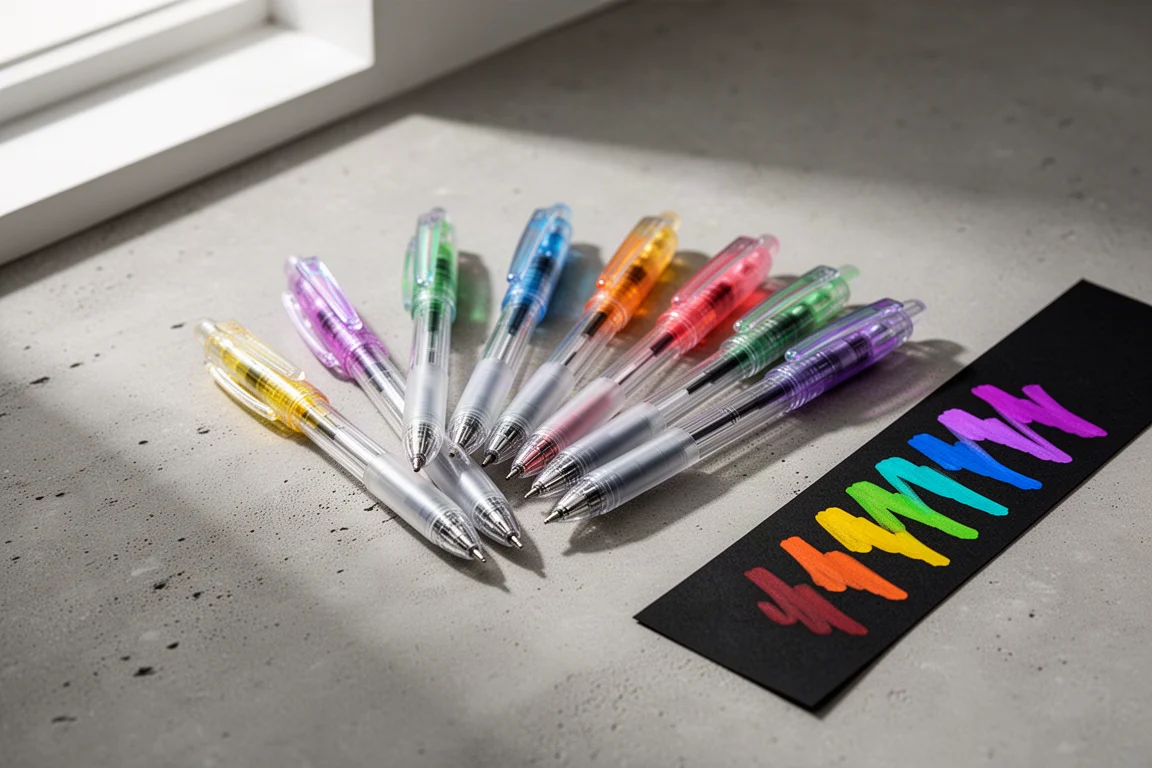 Penne a gel assortite con corpi trasparenti e tappi iridescenti accanto a campionature d'inchiostro su carta nera