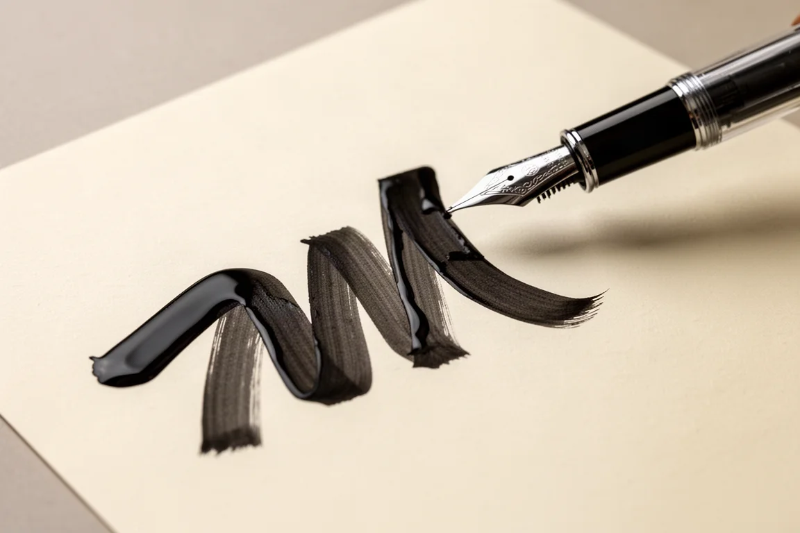 Caneta-tinteiro traçando uma linha caligráfica extremamente larga no papel