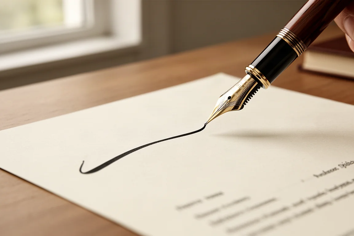 Caneta-tinteiro assinando um documento com um traço largo e expressivo