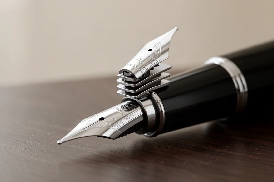 Close-up of a custom stacked fountain pen nib with multiple layered nibs