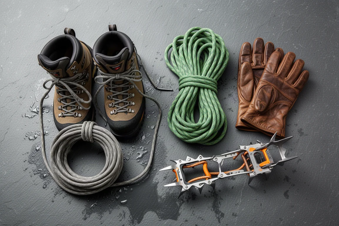 Flach gelegte Bergstiefel, aufgerolltes Seil, Handschuhe und Steigeisen auf nassem Schiefer angeordnet
