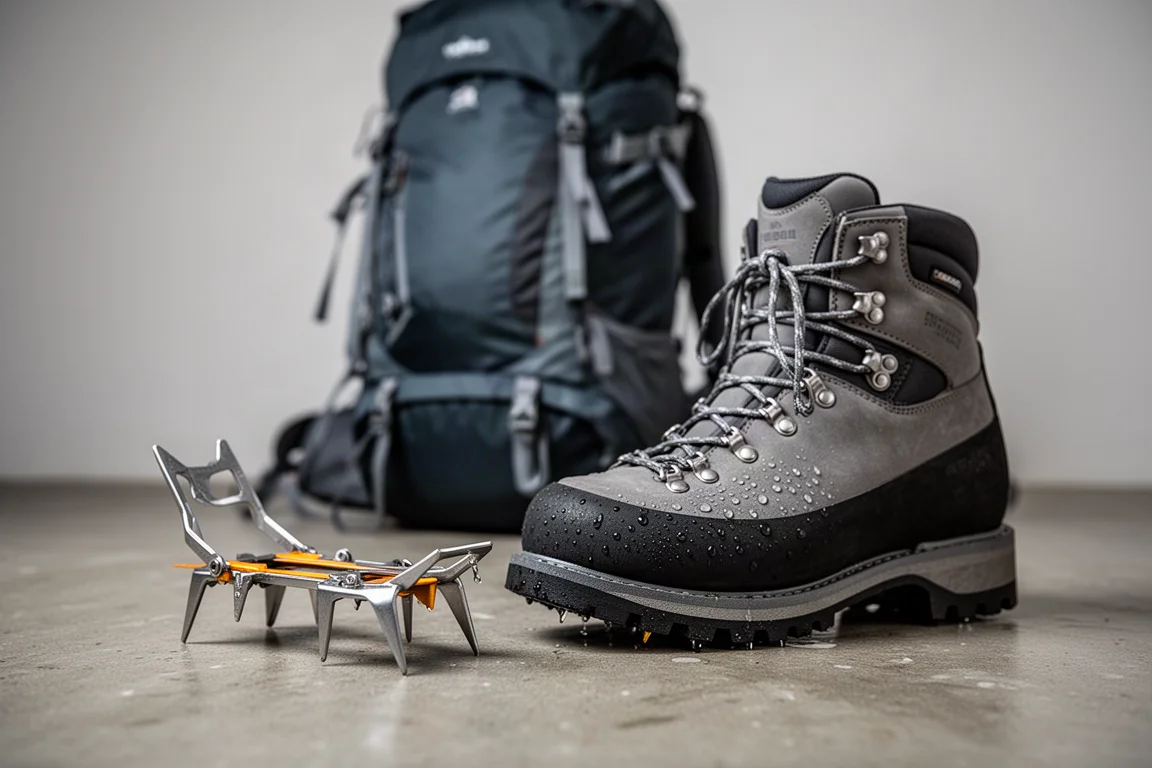 Halbautomatisches Steigeisen neben einem halbhohen Bergstiefel mit Rucksack im Hintergrund