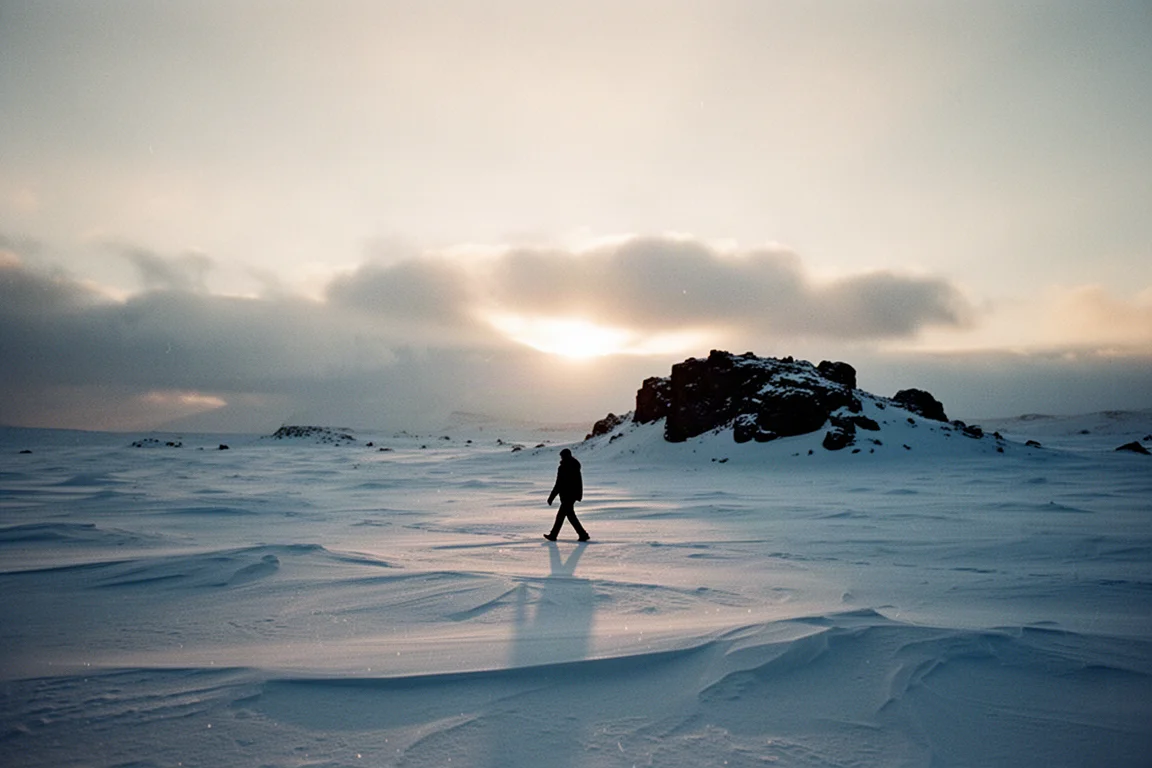 Einzelner Wanderer als Silhouette auf einem weiten schneebedeckten Plateau in der Dämmerung mit langen Schatten