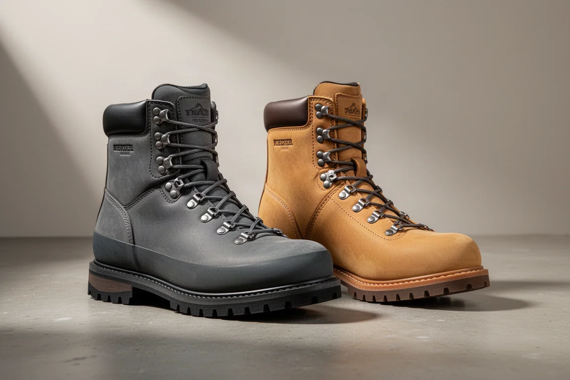 Two mid-height leather mountaineering boots side by side on a matte concrete surface