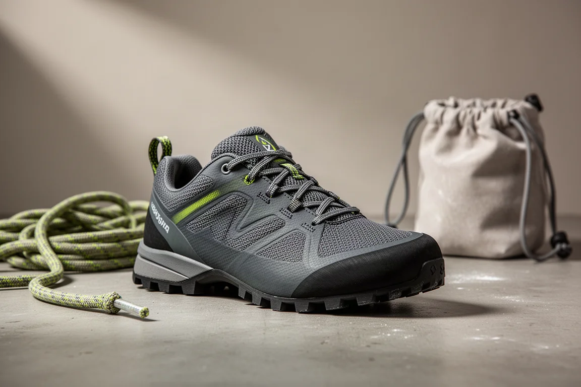 Dark grey low-cut approach shoe with lime accents on concrete beside a coiled climbing rope