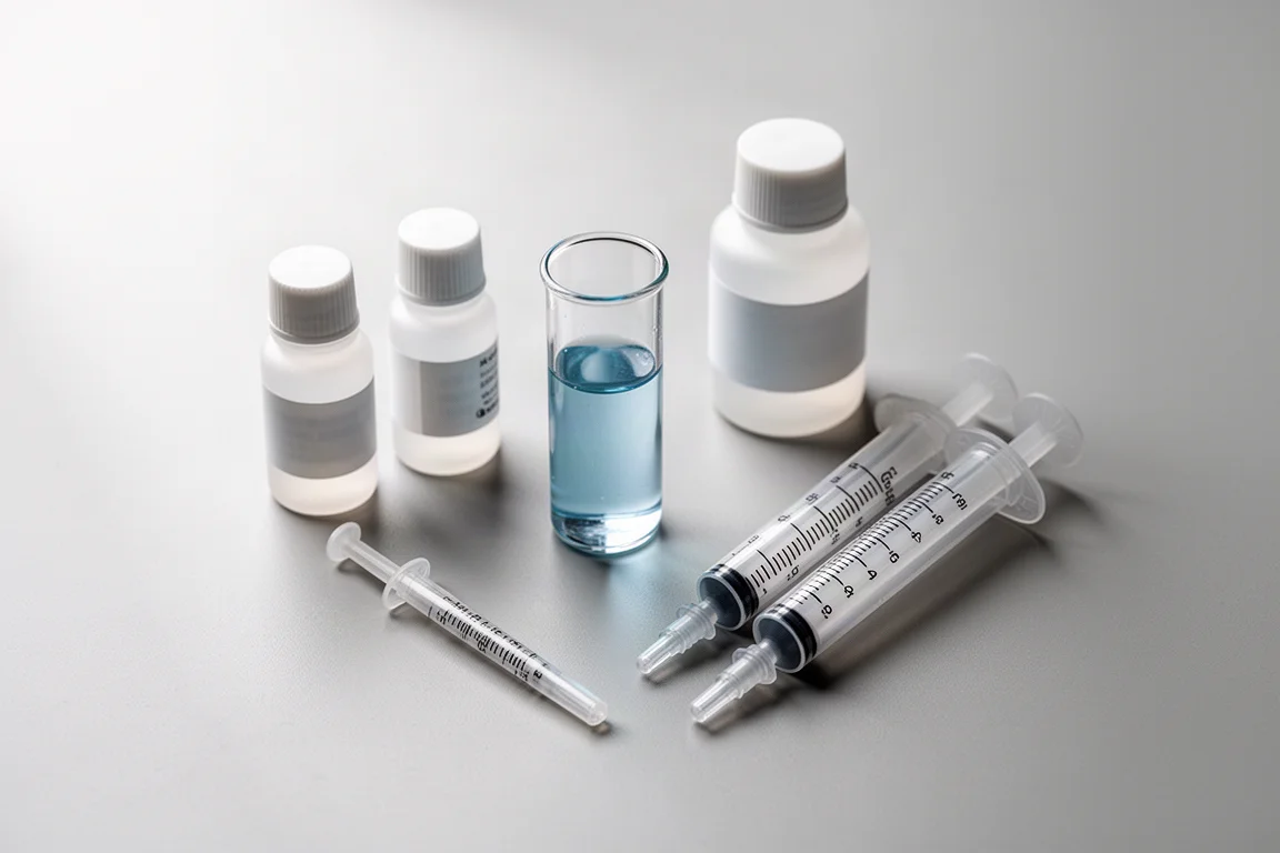 Kit de test de alcalinidad con vial de vidrio, dos jeringas y frascos de reactivo sin etiquetar sobre una superficie gris