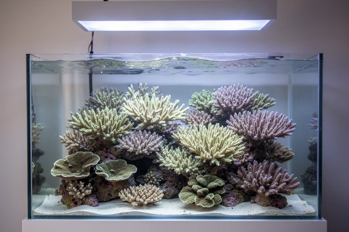 Acuario de arrecife con corales pétreos bajo una suave iluminación azul