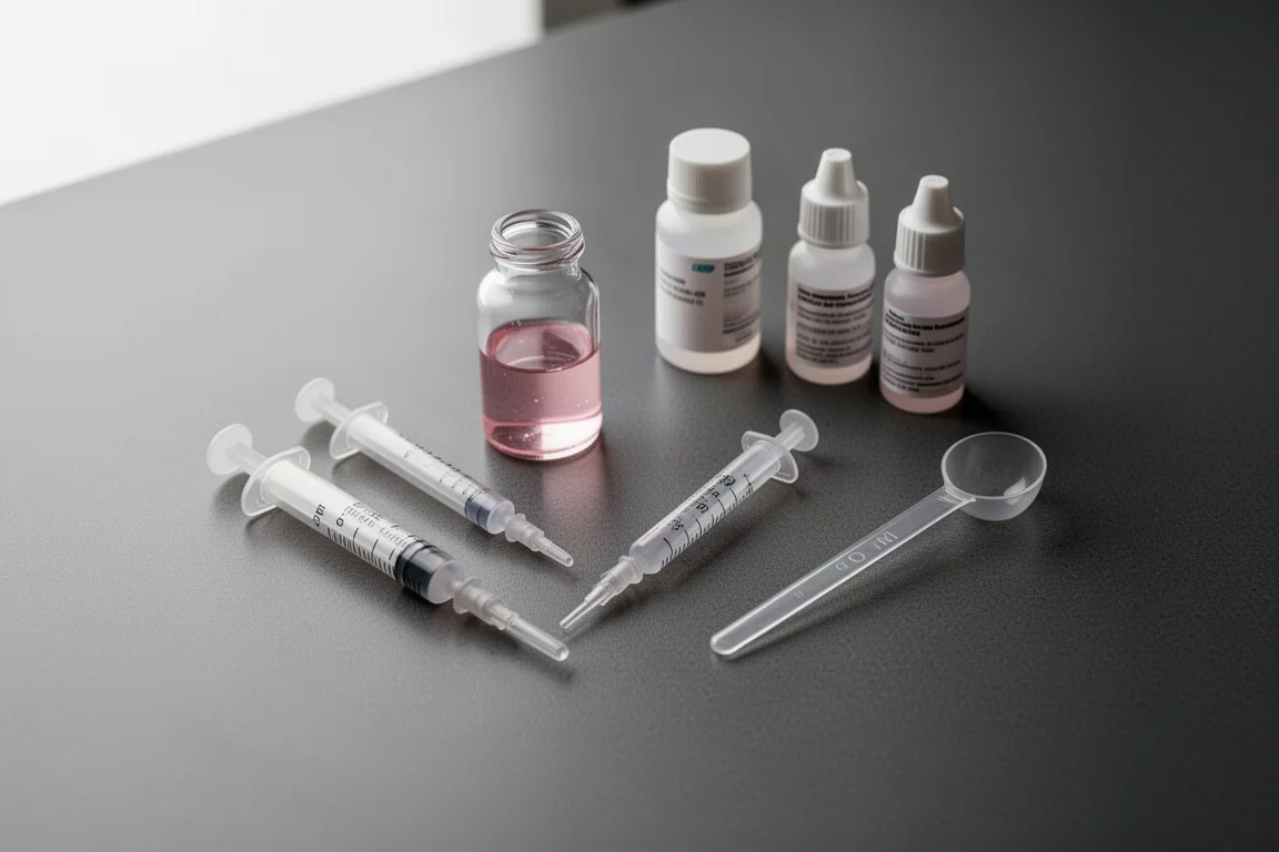 Jeringas, frascos de reactivo y un vial de prueba de vidrio sobre una encimera oscura