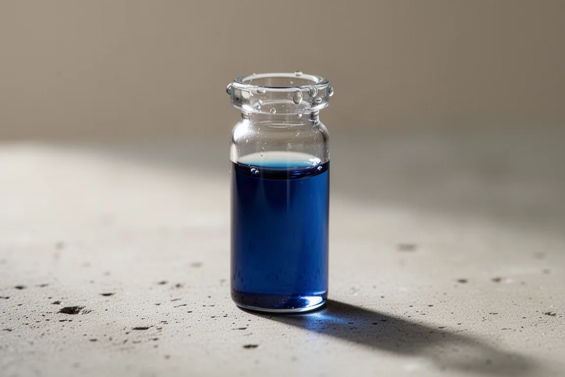 Vial de prueba de vidrio sostenido a contraluz que muestra el color azul del punto final
