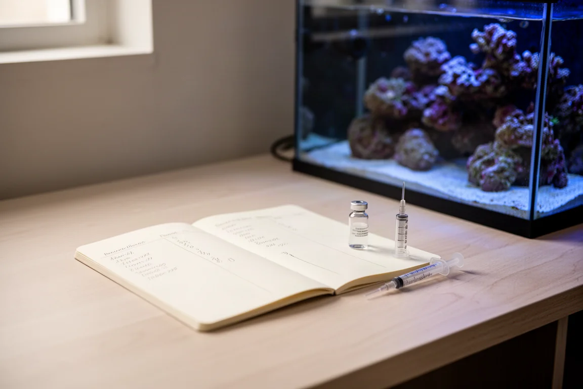 Suministros de prueba y un registro manuscrito sobre un escritorio junto a un acuario