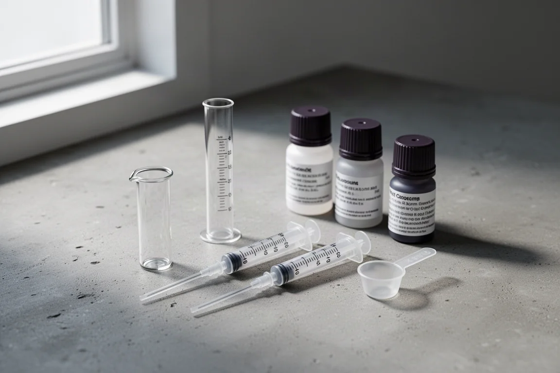 Kit de prueba de calcio por titulación para acuario de arrecife con vial de vidrio, jeringas y frascos de reactivo sobre concreto