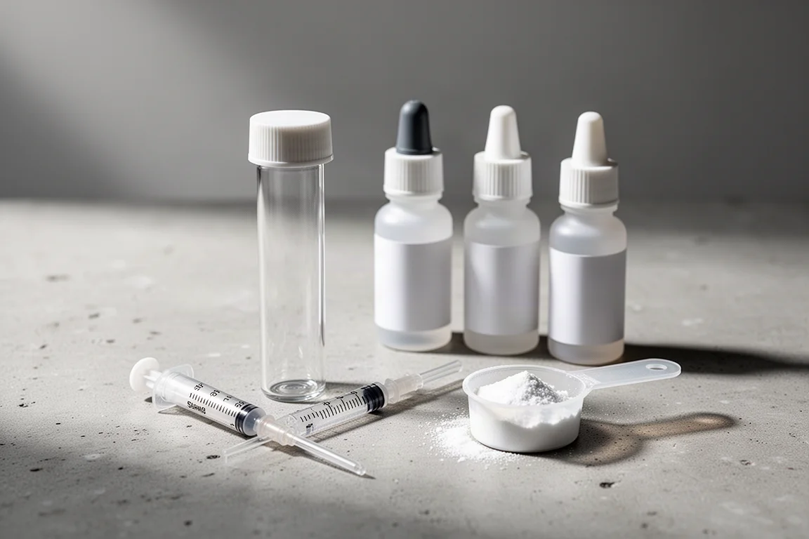 옅은 콘크리트 표면 위에 가지런히 놓인 Salifert Silicate Test Kit 구성품