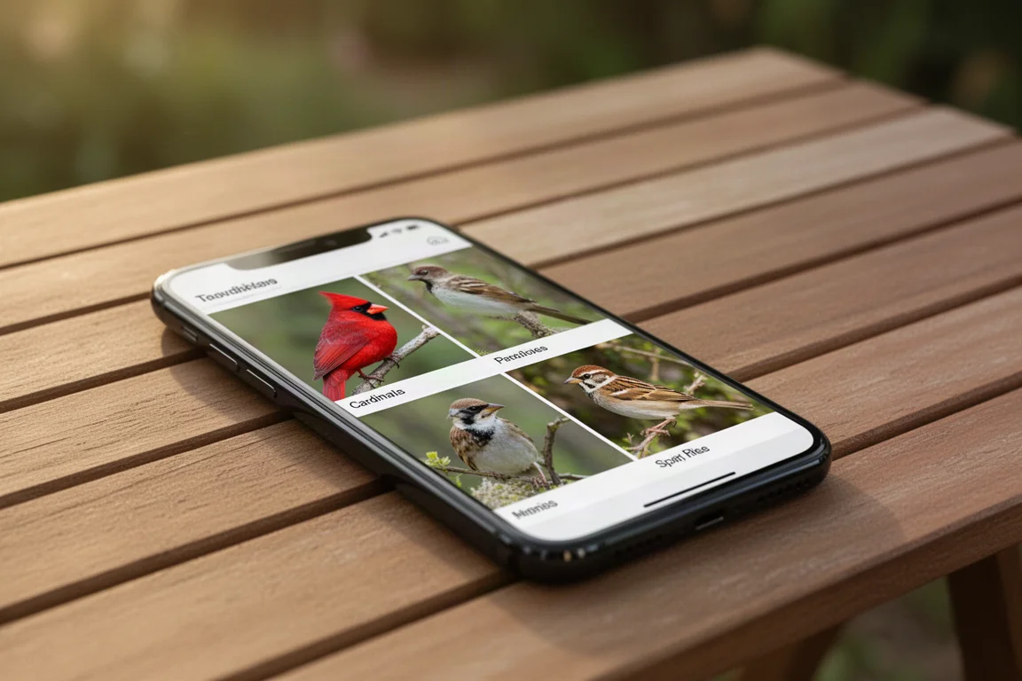 Schermata di uno smartphone con i risultati del riconoscimento degli uccelli tramite IA della telecamera della mangiatoia