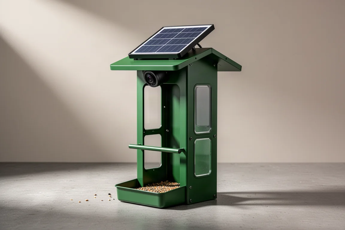 Green all-metal smart bird feeder with solar panel on a concrete surface