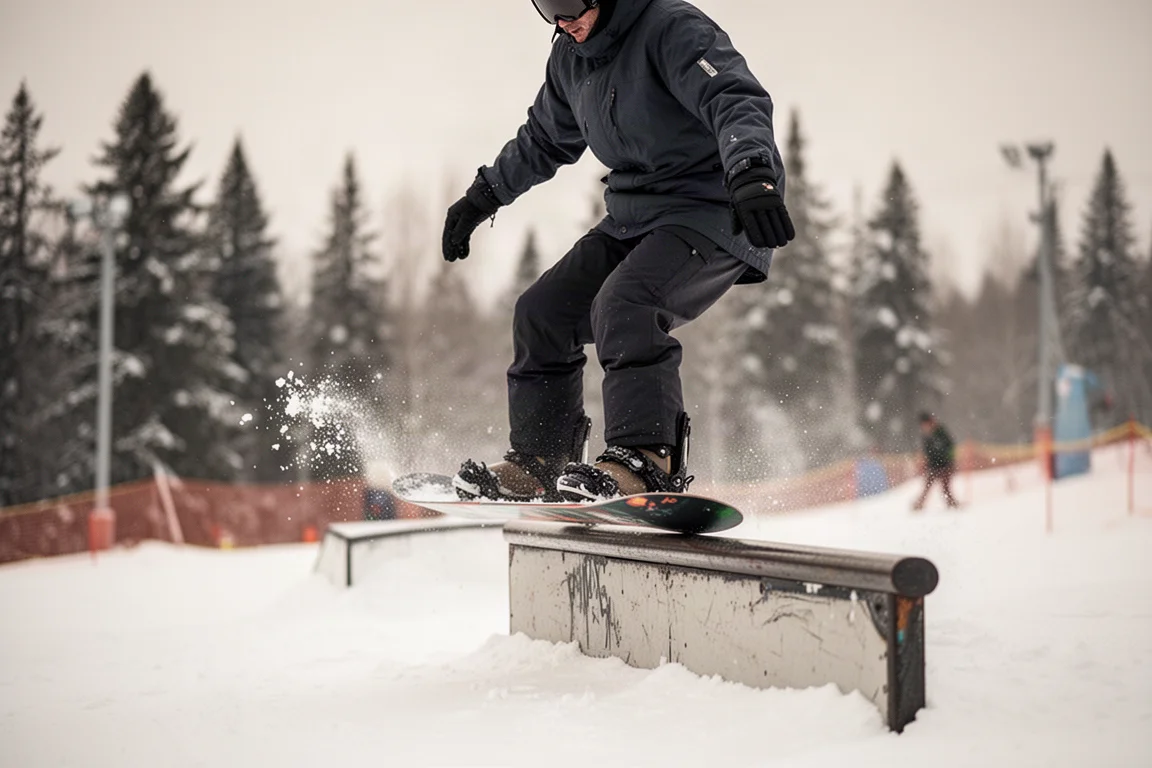 Snowboardzista wykonujący press na płaskim snowboardzie freestyle'owym na przygotowanym stoku w parku