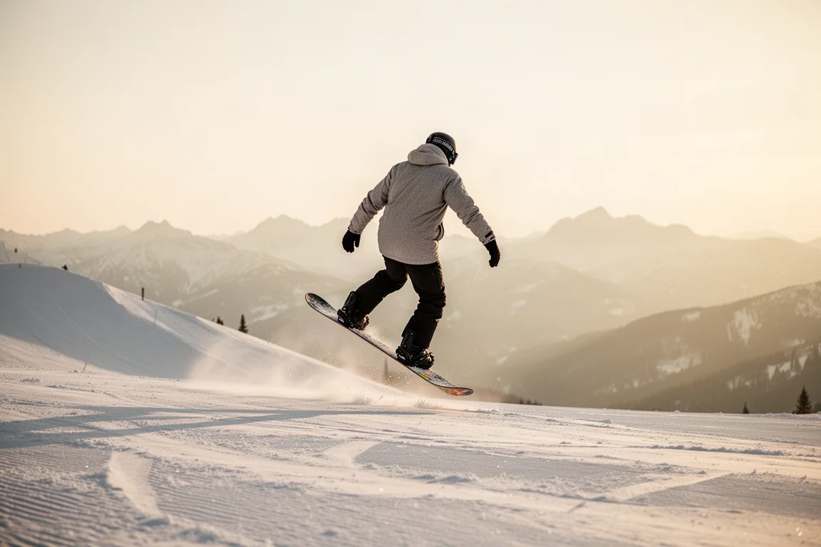 Snowboardzista wybijający się ze skoczni średniej wielkości w snowparku