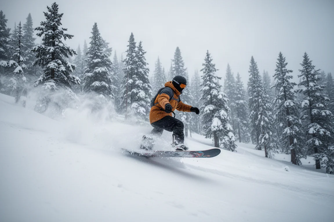 Snowboard leżący na szczycie trasy snowparku o zmierzchu