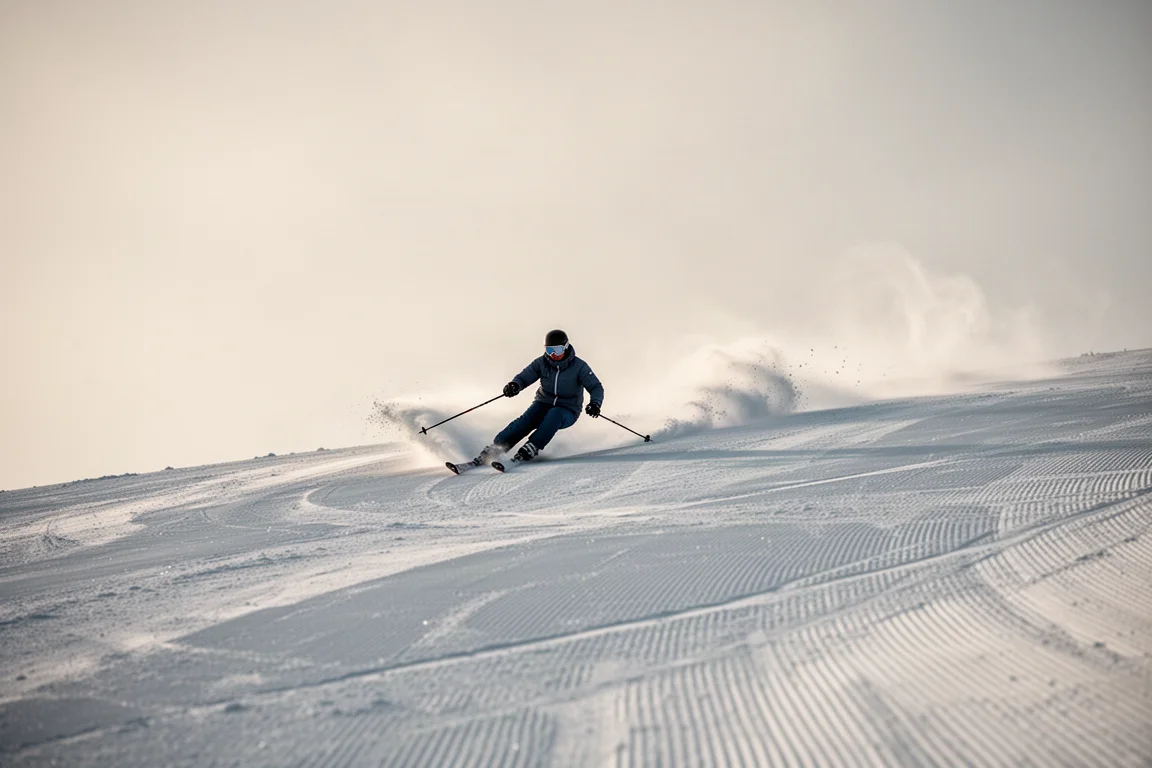 Esquiador tallando giros de radio corto en una pista preparada, con nieve salpicando detrás