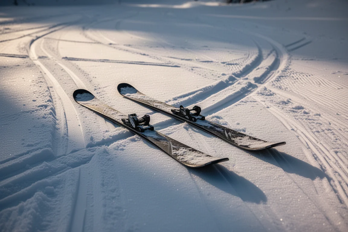 Par de esquís sobre nieve compactada junto a una pista preparada con luz de atardecer