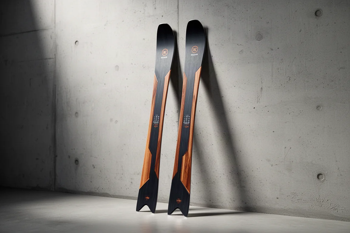 Pair of frontside carving skis leaning against a concrete wall in soft studio light
