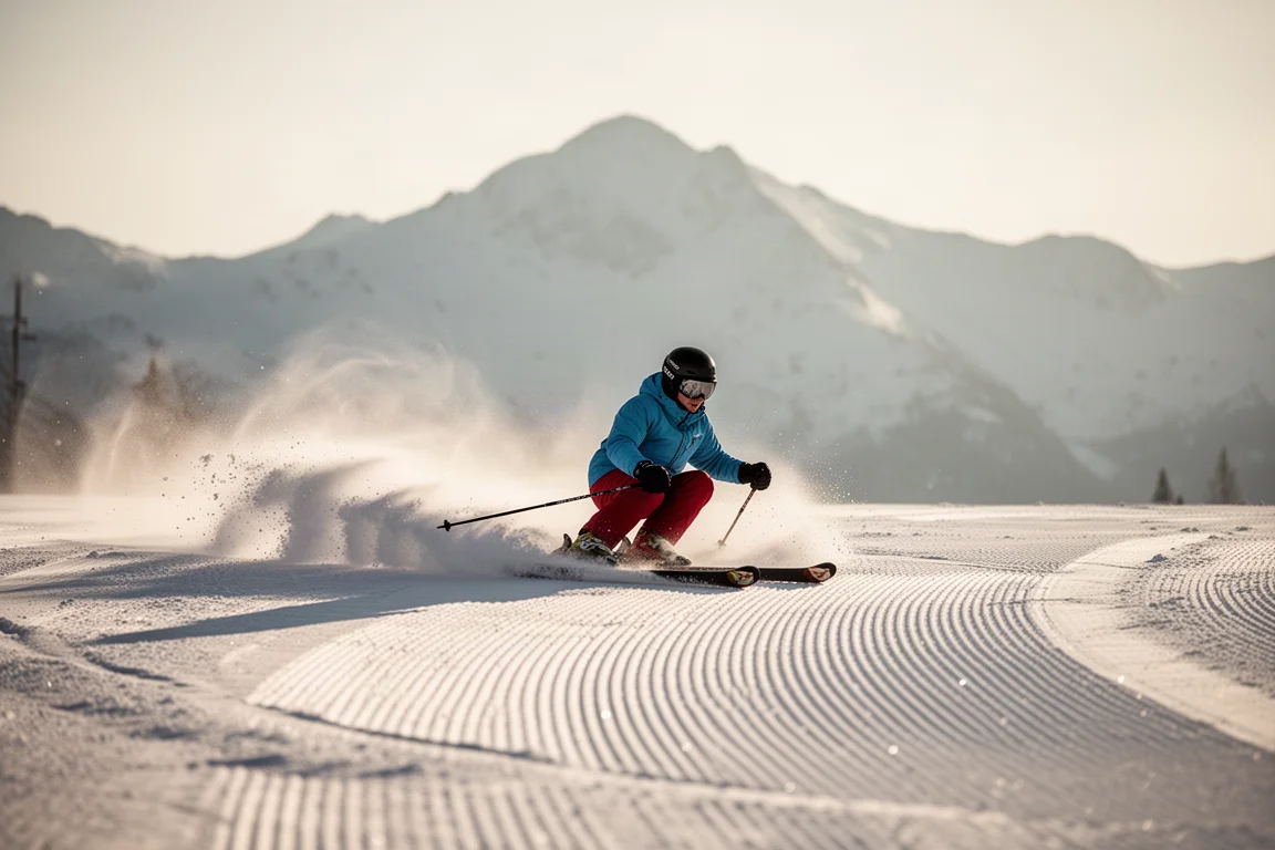 Sciatore che intaglia curve a raggio corto su una pista frontside battuta