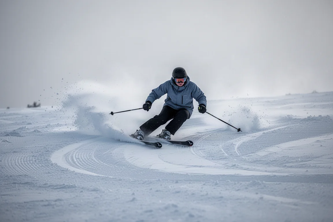 Sciatore in un arco scolpito dinamico su piste battute sode al mattino
