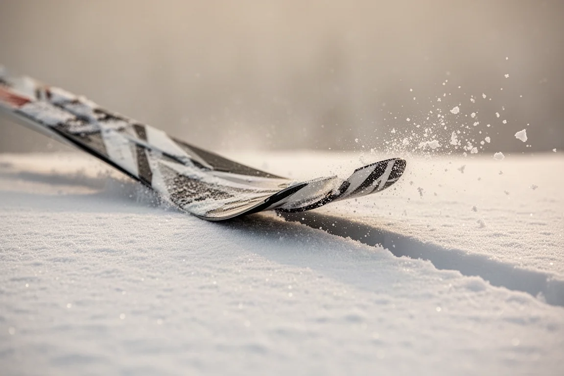 Dettaglio della coda splittata dello sci e presa dei cantelli su neve dura