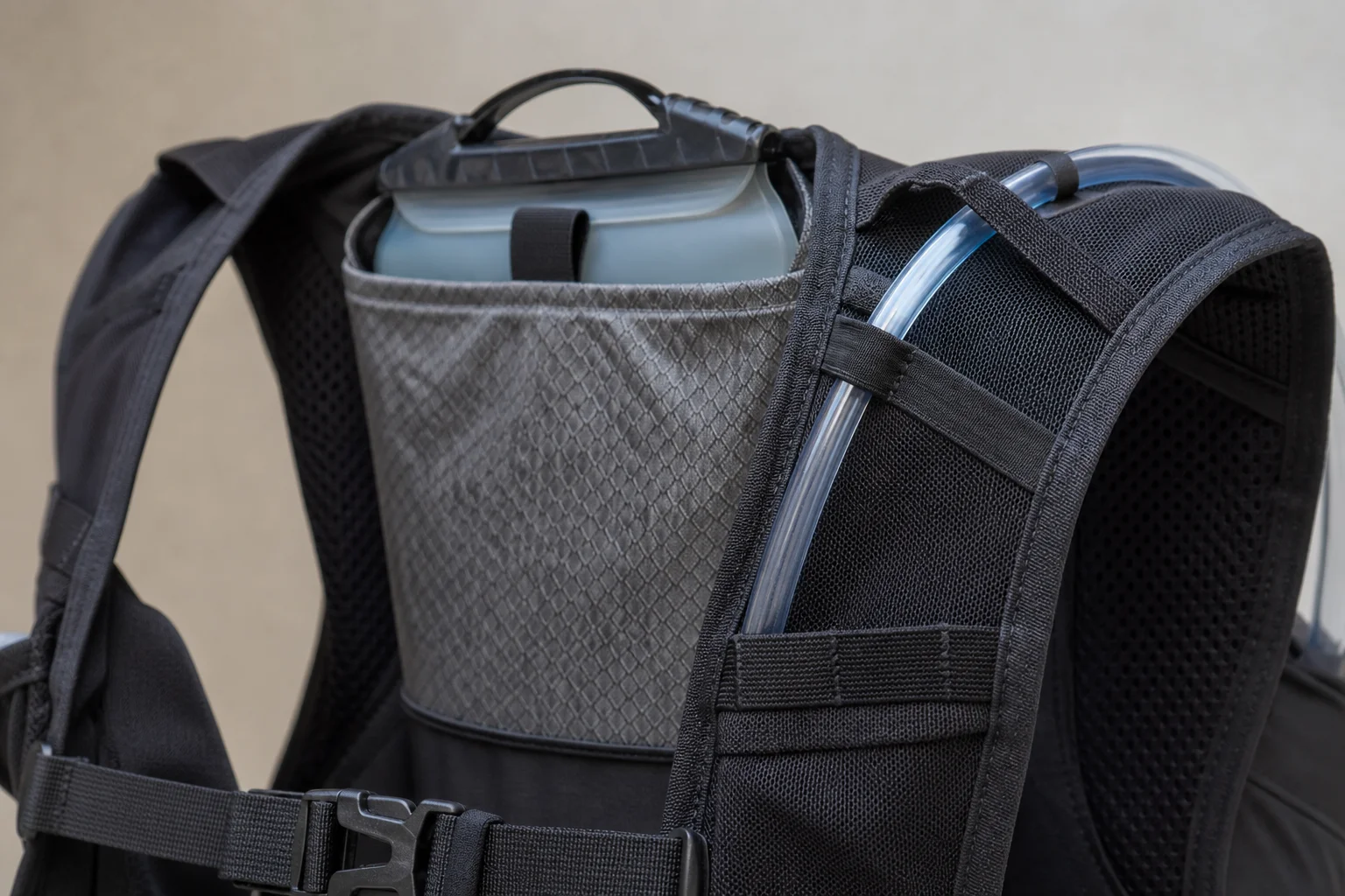 Detalle del bolsillo para la bolsa de hidratación y la funda térmica en el chaleco de running