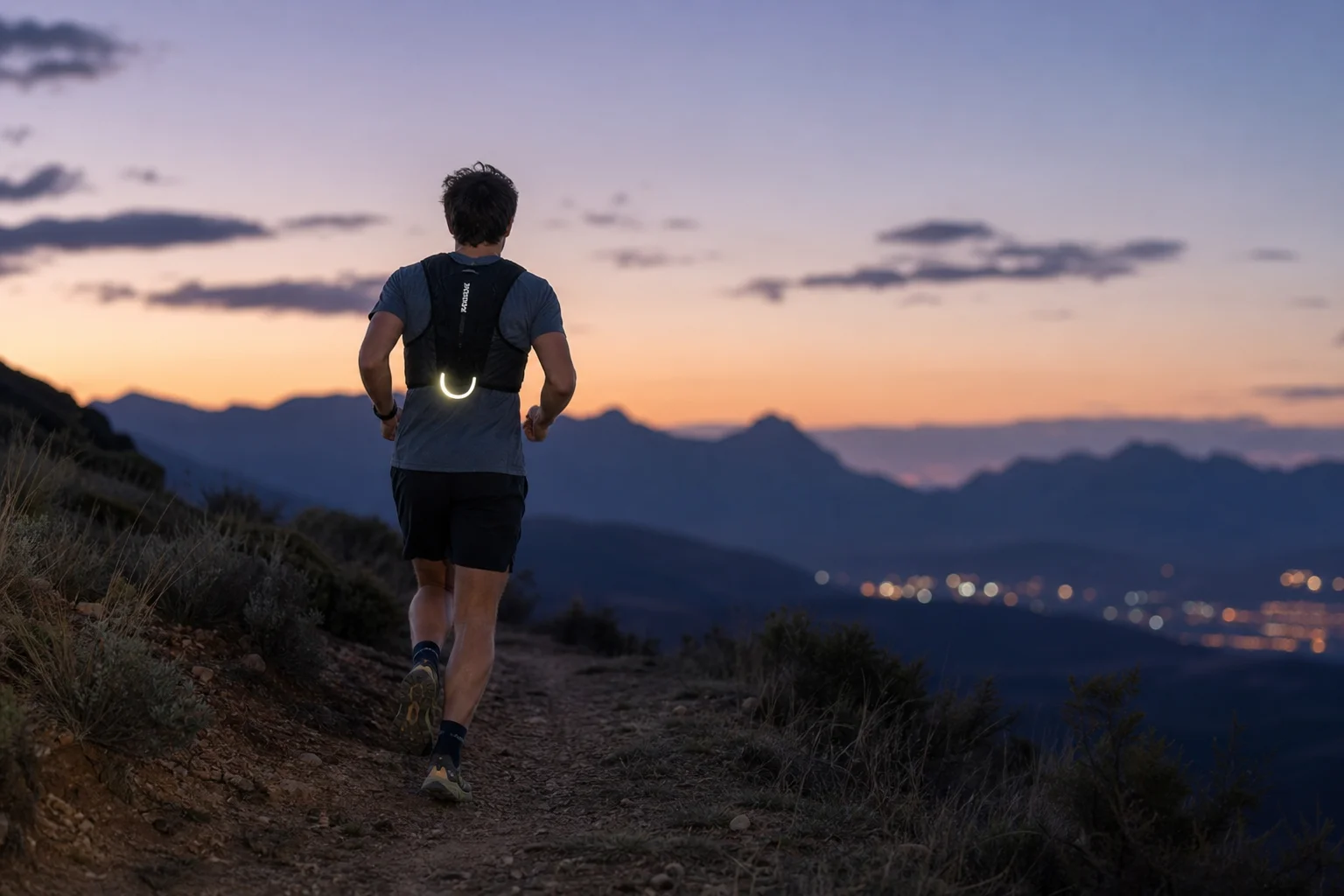 Corredor de trail al atardecer con elementos de seguridad reflectantes visibles en la mochila