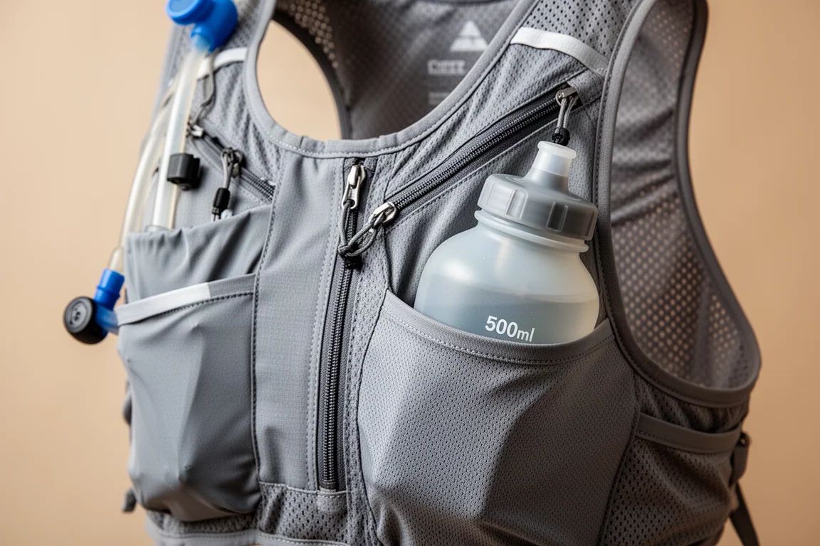 Nahaufnahme der vorderen Westentaschen mit Soft Flask und Gels