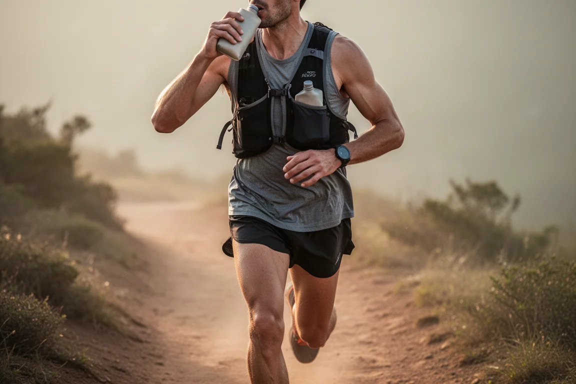 Trailrunner trinkt beim Laufen aus einer vorderen Soft Flask