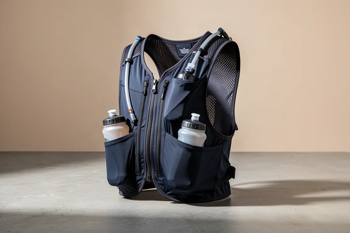 Salomon Advanced Skin 12 hydration vest with soft flasks on a concrete surface