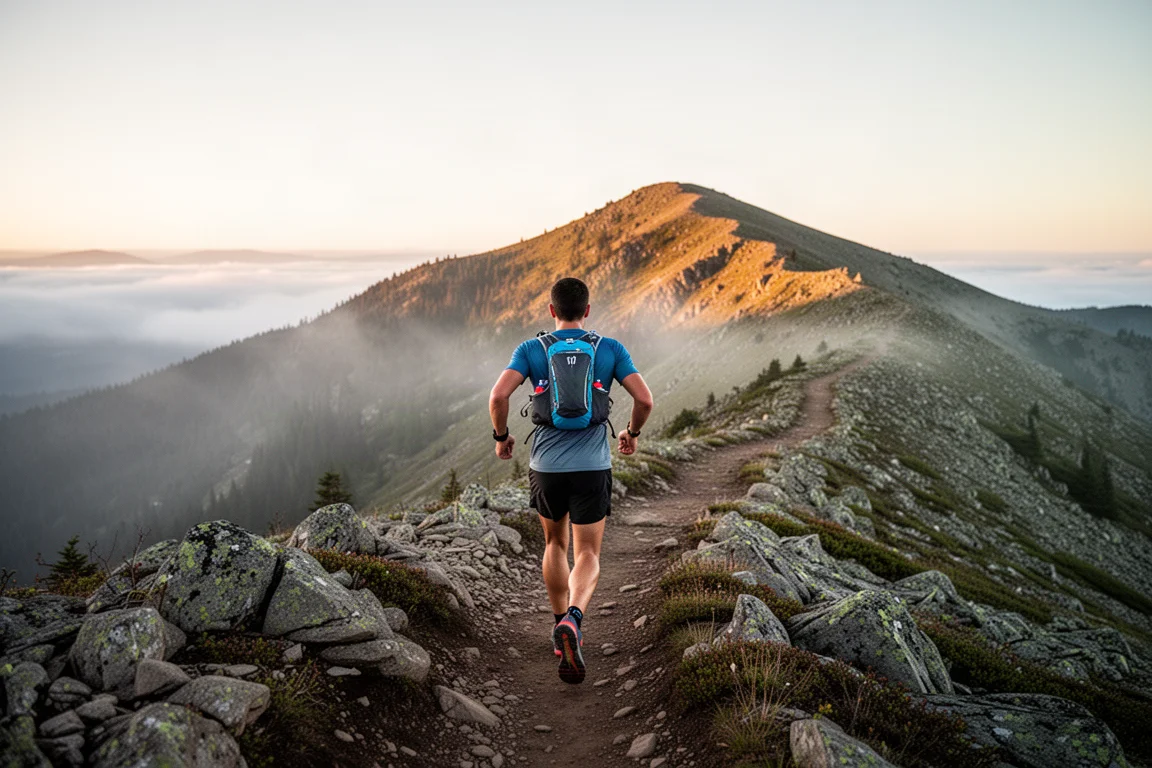 Trail runner wearing a hydration vest on a mountain trail at sunrise