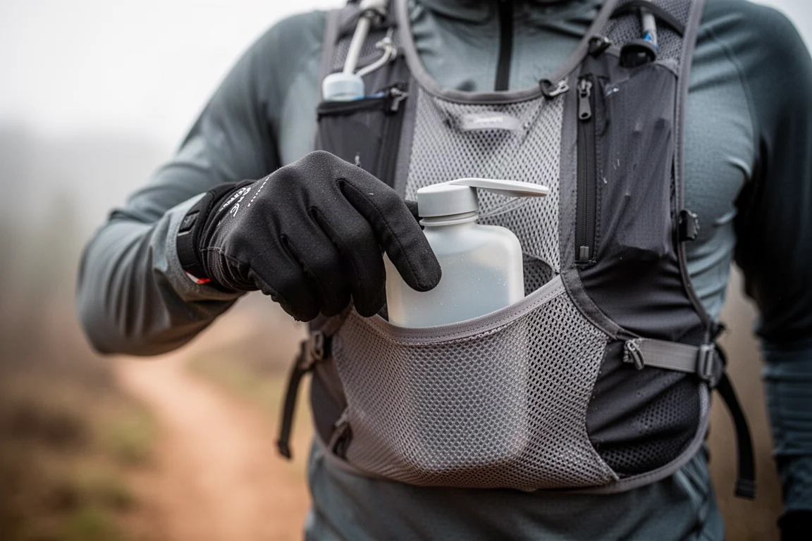 Close-up of a soft flask being pushed into a vest front pocket while running