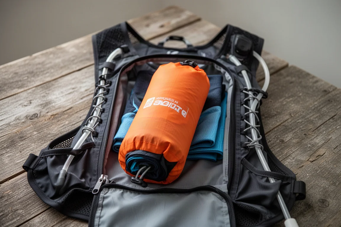 Dry bag with folded race kit packed into the back compartment of a hydration vest