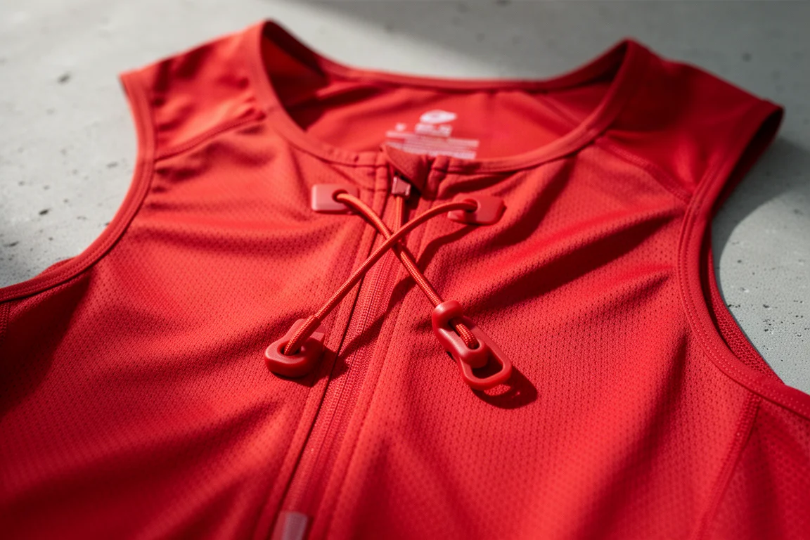 Front adjustment cords and clips of a running vest shown in fine detail